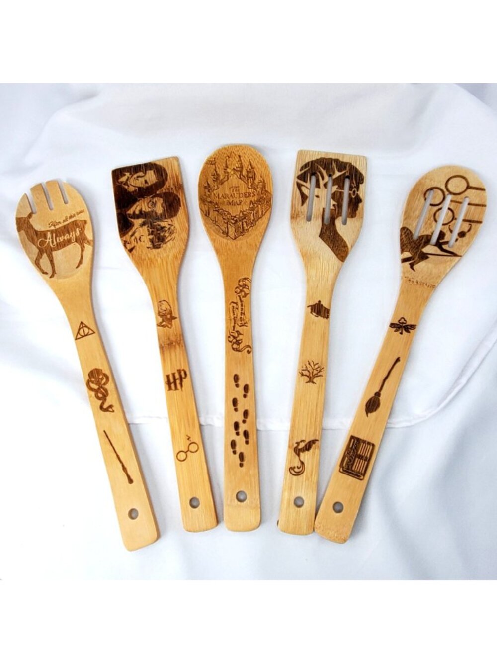Harry Potter Engraved Bamboo Cooking Utensils Set Of 5 Never used - Picture 3 of 6